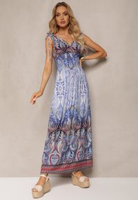 Renee - Niebieska Sukienka z Mozaikowym Wzorem Boho Gumką w Pasie i Sznurkami na Ramionach Ainervea. Kolor: niebieski. Materiał: tkanina. Sezon: lato. Styl: boho #3