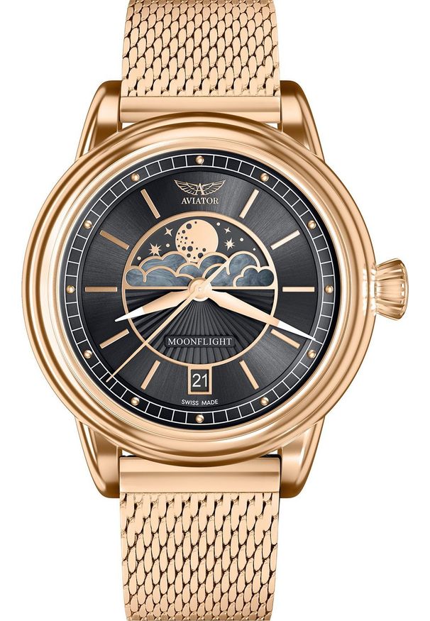 AVIATOR - Zegarek Aviator Zegarek damski Aviator V.1.33.2.253.5 różowe złoto. Kolor: złoty, wielokolorowy, różowy