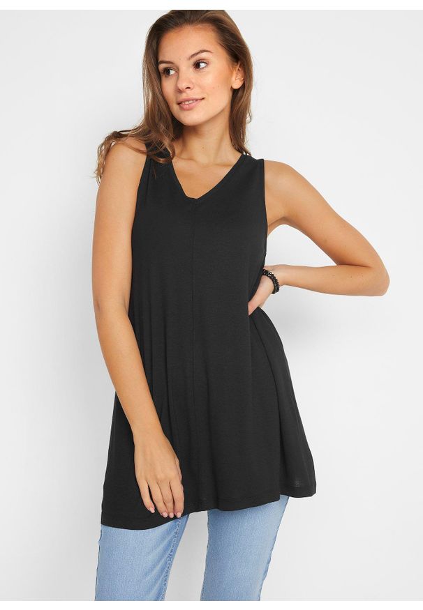 bonprix - Długi top z mieszanki wiskozy. Typ kołnierza: dekolt w serek. Kolor: czarny. Materiał: wiskoza. Długość: długie. Wzór: nadruk, aplikacja