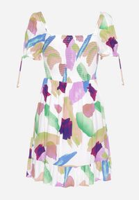 Born2be - Biało-Fioletowa Wiskozowa Sukienka z Krótkim Rękawem i Sznurowanym Dekoltem typu Serce Telldora. Okazja: na spacer. Kolor: biały. Materiał: wiskoza. Długość rękawa: krótki rękaw. Styl: elegancki #6