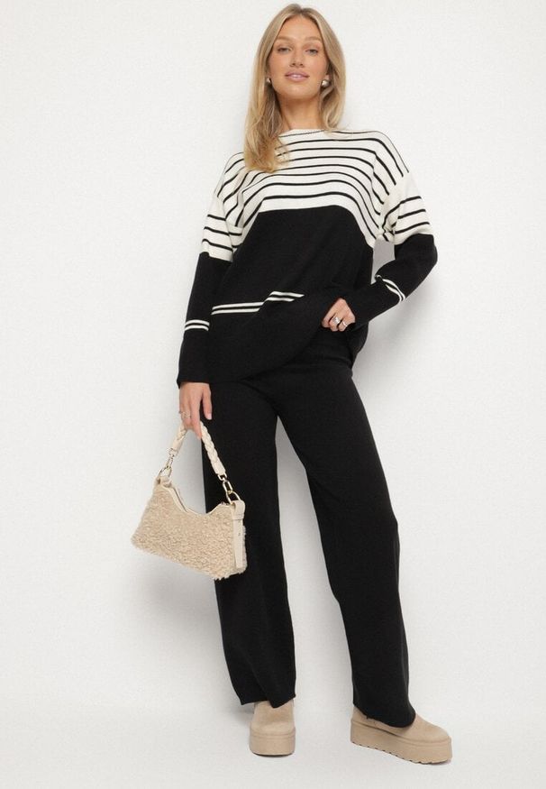Born2be - Czarny Dzianinowy Komplet z Wełną Sweter w Paski i Spodnie Raleina. Kolor: czarny. Materiał: dzianina, wełna. Wzór: paski