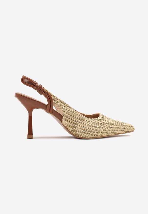 Renee - Brązowo-Beżowe Sandały na Szpilce Typu Slingback Ozdobione Plecionką Pulvia. Okazja: na co dzień, na imprezę. Kolor: brązowy. Wzór: aplikacja. Obcas: na szpilce. Styl: klasyczny, elegancki, casual. Wysokość obcasa: średni