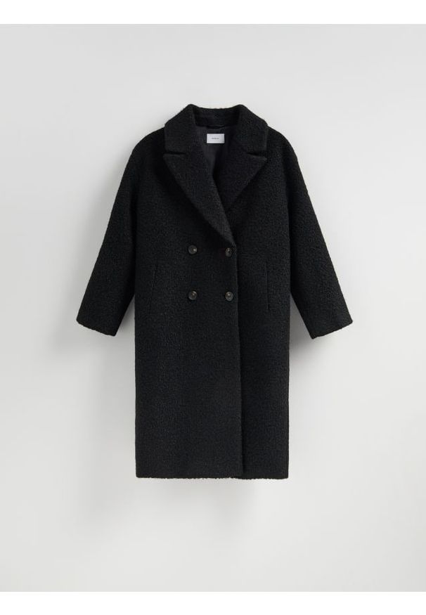 Reserved - Dwurzędowy płaszcz oversize - czarny. Kolor: czarny. Materiał: tkanina