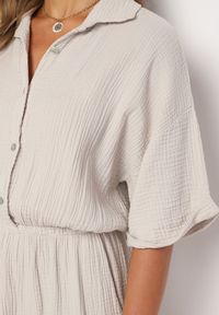 Born2be - Beżowy Bawełniany Kombinezon z Koszulową Górą i Prostymi Spodniami Namsore. Kolor: beżowy. Materiał: bawełna. Styl: klasyczny, elegancki #5