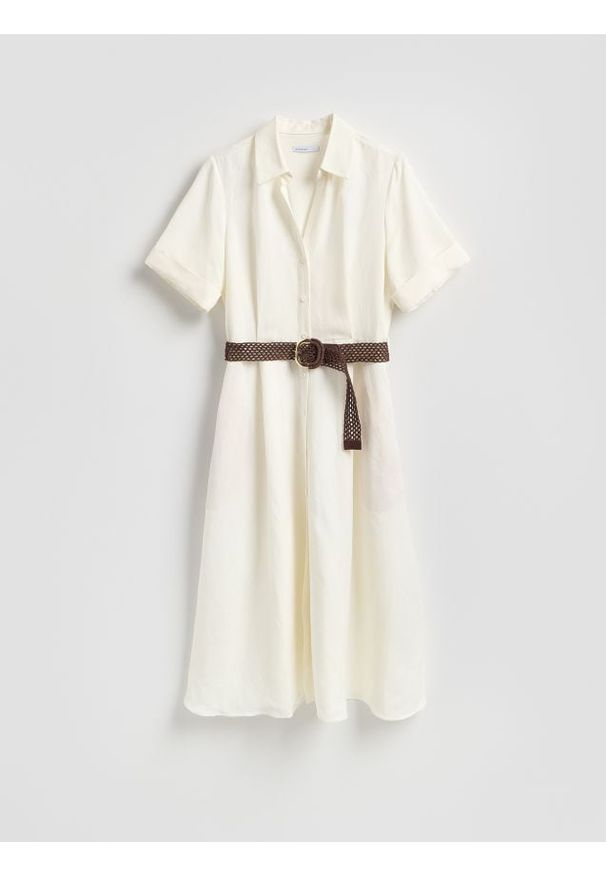 Reserved - Sukienka midi z lnem - biały. Kolor: biały. Materiał: len. Długość: midi