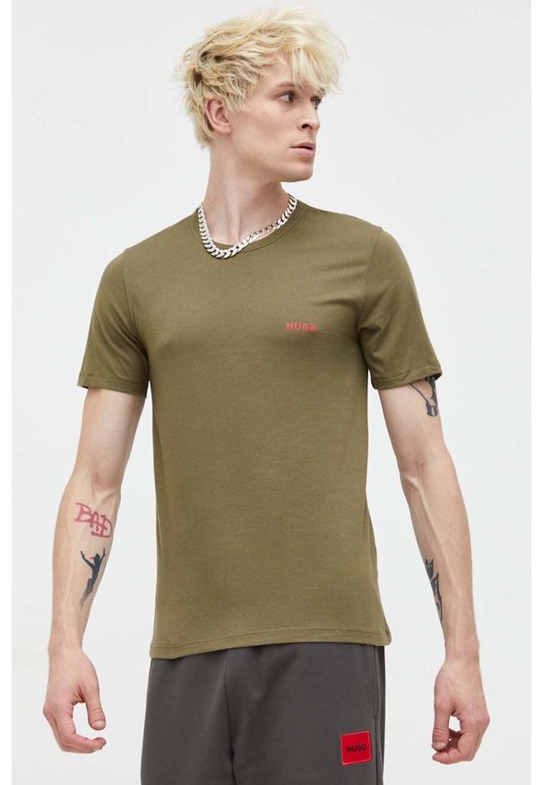 Hugo - HUGO t-shirt bawełniany 3-pack kolor zielony z nadrukiem. Kolor: zielony. Materiał: bawełna. Długość rękawa: krótki rękaw. Długość: krótkie. Wzór: nadruk