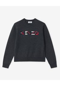 Kenzo - KENZO - Grafitowy sweter z logo. Okazja: na co dzień. Kolor: szary. Materiał: wełna, prążkowany. Długość rękawa: długi rękaw. Długość: długie. Wzór: aplikacja, kolorowy. Styl: casual #1
