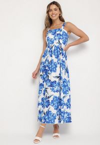 Born2be - Niebieska Rozkloszowana Sukienka z Wiskozą w Kwiatowym Wzór Nilarune. Kolor: niebieski. Materiał: wiskoza. Długość rękawa: na ramiączkach. Wzór: kwiaty. Sezon: lato. Styl: klasyczny #1