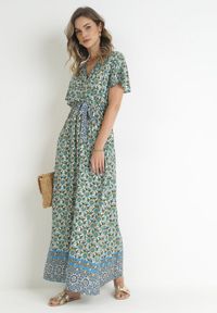 Born2be - Miętowa Sukienka z Wiskozy w Etno Wzór z Gumką i Paskiem w Talii Lucassa. Kolor: miętowy. Materiał: wiskoza. Styl: etno #1