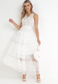 Born2be - Biała Sukienka Maxi z Tiulowym Dołem i Koronkową Górą Deliva. Okazja: na co dzień. Kolor: biały. Materiał: tiul, koronka. Wzór: aplikacja. Styl: casual, klasyczny. Długość: maxi #1