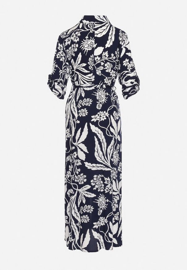 Born2be - Granatowo-Biała Koszulowa Sukienka z Roślinnym Wzorem z Wiązanym Paskiem Rosallen. Kolor: niebieski. Wzór: aplikacja. Typ sukienki: koszulowe. Długość: maxi