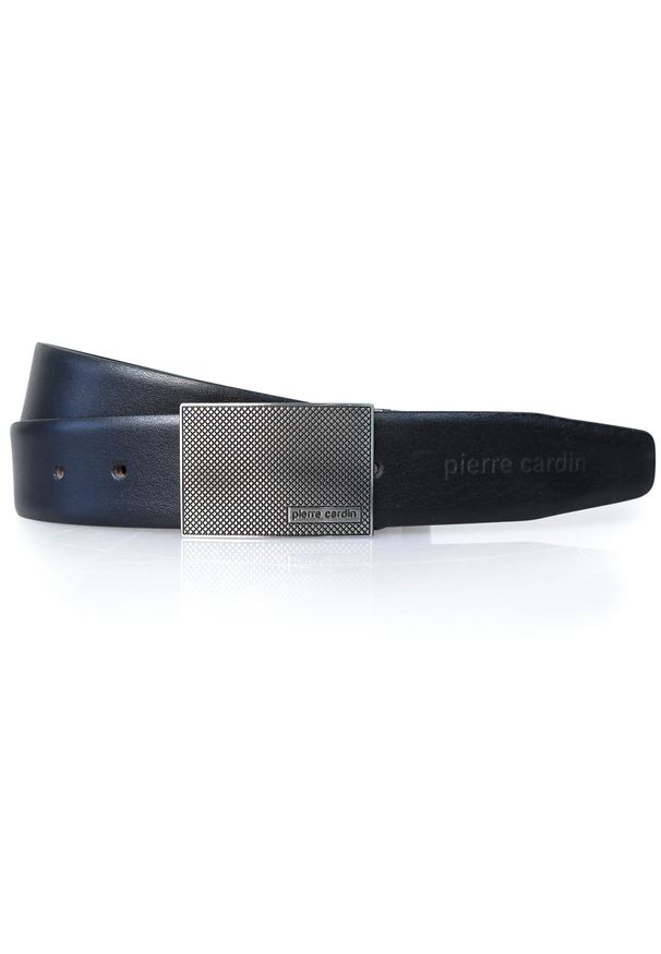 Dwustronny pasek Pierre Cardin z unikalną klamrą PC19. Materiał: jeans, skóra. Wzór: paski. Styl: klasyczny, elegancki