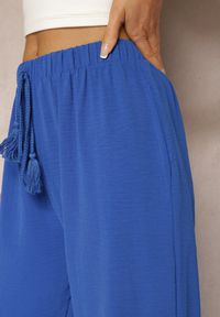 Renee - Niebieskie Szerokie Spodnie High Waist z Gumką w Pasie Jolfea. Okazja: na co dzień. Stan: podwyższony. Kolor: niebieski. Materiał: tkanina. Styl: casual, elegancki