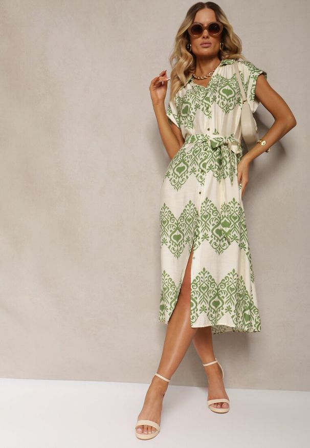 Renee - Zielono-Beżowa Sukienka Boho na Guziki z Wiskozą Ozdobiona Paskiem Mosofia. Okazja: na co dzień. Kolor: zielony. Materiał: wiskoza. Wzór: aplikacja. Sezon: lato. Typ sukienki: proste. Styl: boho