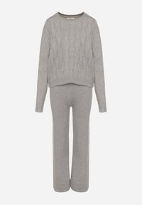 Born2be - Szary Dzianinowy Komplet z Wełną i Bawełną Sweter z Tłoczonym Wzorem i Spodnie Otivra. Kolor: szary. Materiał: dzianina, wełna, bawełna #5