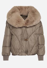 Born2be - Ciemnozielona Pikowana Kurtka o Pudełkowym Kroju z Kapturem z Futerkiem Rivitta. Okazja: do pracy, na co dzień, na spotkanie biznesowe. Typ kołnierza: kaptur. Kolor: zielony. Materiał: futro. Wzór: paski, aplikacja. Styl: klasyczny, casual, elegancki, biznesowy #3