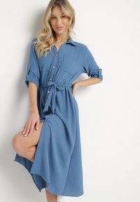 Born2be - Niebieska Koszulowa Sukienka z Materiałowym Paskiem Vivinara. Okazja: na co dzień, na imprezę. Kolor: niebieski. Materiał: materiał. Typ sukienki: koszulowe. Styl: casual, elegancki #6