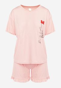 Born2be - Różowy Komplet Piżamowy Koszulka z Nadrukiem i Szorty z Falbanką Sylvoria. Kolor: różowy. Wzór: nadruk