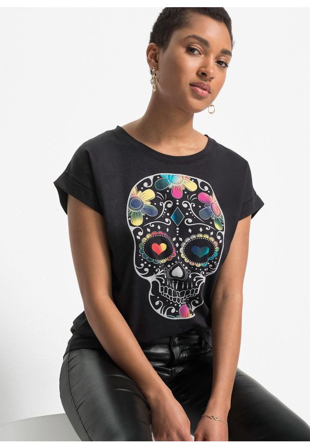 bonprix - T-shirt z miękkiego materiału z domieszką wiskozy. Kolor: czarny. Materiał: wiskoza, materiał. Wzór: nadruk