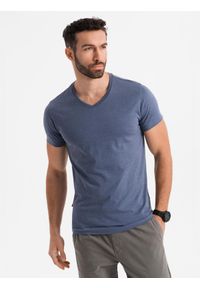Ombre Clothing - Męska klasyczna bawełniana koszulka z dekoltem w serek BASIC – niebieski melanż V18 - Rozmiar: L. Typ kołnierza: dekolt w serek. Kolor: niebieski. Materiał: bawełna. Wzór: melanż. Styl: klasyczny #3