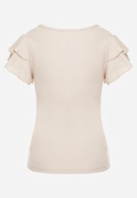 Renee - Beżowa Gładka Bluzka z Bawełny z Rękawkami z Falbanek Nedaxera. Okazja: na co dzień, na randkę, na imprezę. Typ kołnierza: kołnierz z falbankami. Kolor: beżowy. Materiał: bawełna. Długość rękawa: krótki rękaw. Wzór: gładki. Styl: casual #4