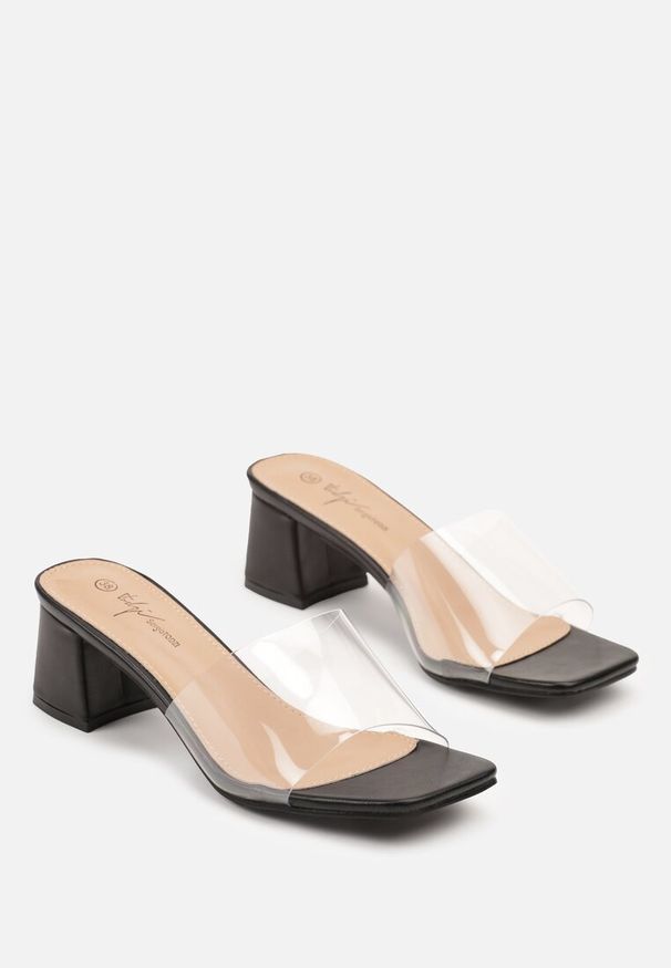 Born2be - Czarne Klapki na Obcasie Transparentną Cholewką Galrera. Okazja: na co dzień. Nosek buta: otwarty. Kolor: czarny. Materiał: jeans. Obcas: na obcasie. Styl: elegancki, casual. Wysokość obcasa: średni
