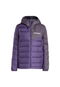 Adidas - Kurtka z kapturem Terrex Multi Light Down CLIMAWARM. Typ kołnierza: kaptur. Kolor: fioletowy, wielokolorowy, czarny. Materiał: puch. Technologia: ClimaWarm (Adidas). Sport: turystyka piesza
