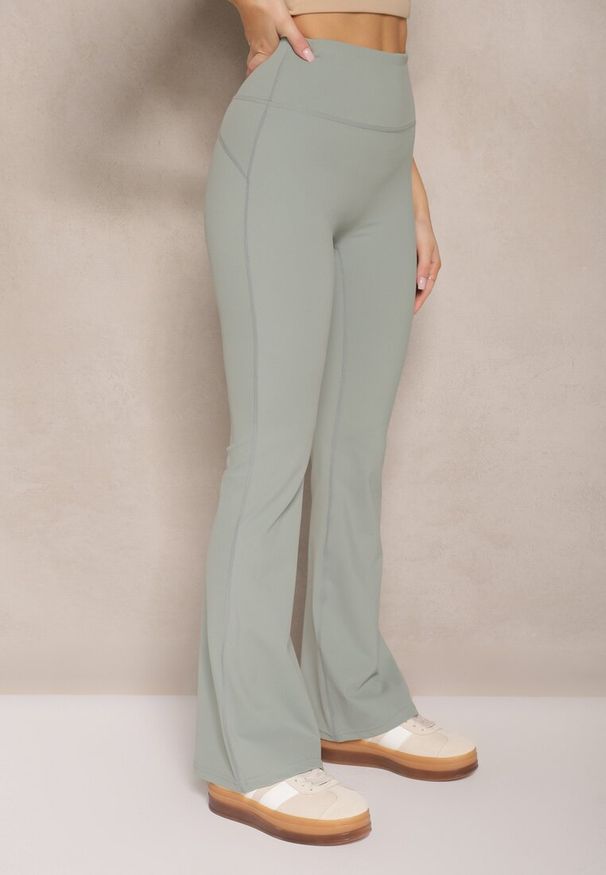 Renee - Miętowe Legginsy Dzwony High Waist Korivienne. Okazja: na co dzień. Stan: podwyższony. Kolor: zielony. Styl: elegancki, casual