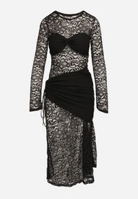 Born2be - Czarna Koktajlowa Sukienka Koronkowa z Usztywnionymi Miseczkami i Marszczeniami Temias. Kolor: czarny. Materiał: koronka. Długość rękawa: długi rękaw. Wzór: koronka. Styl: wizytowy #3