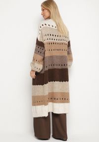 Born2be - Beżowy Długi Kardigan Ażurowy w Paski z Domieszką Wełny i Wiskozy Ilomine. Okazja: na co dzień, na spotkanie biznesowe. Kolor: beżowy. Materiał: wełna, wiskoza. Długość: długie. Wzór: ażurowy, paski. Styl: casual, biznesowy #5