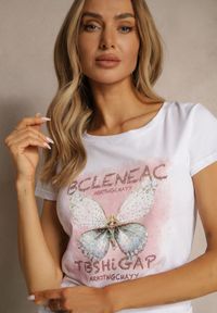 Renee - Biały T-shirt z Bawełny Ozdobiony Cyrkoniami i Motylem Uliadwena. Okazja: na co dzień. Kolor: biały. Materiał: bawełna. Wzór: aplikacja. Styl: sportowy, klasyczny, casual #4