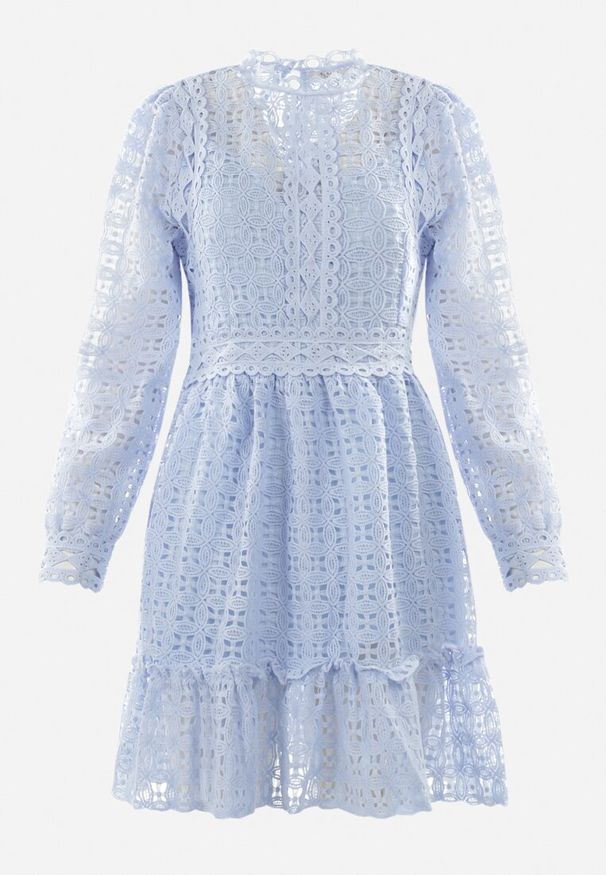 Born2be - Jasnoniebieska Koronkowa Sukienka Mini z Falbanką Kamari. Kolor: niebieski. Materiał: koronka. Wzór: gładki. Sezon: wiosna, lato. Długość: mini