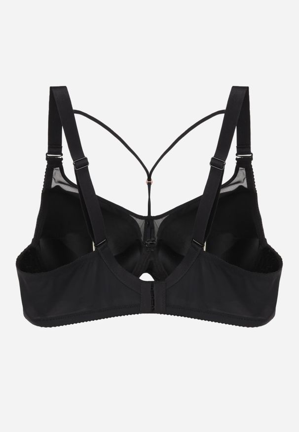 Renee - Czarny Biustonosz z Siateczkową Wstawką i Ozdobnymi Paskami przy Dekolcie Sabesa. Kolor: czarny. Materiał: jeans. Wzór: paski