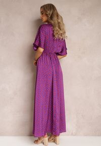 Renee - Fioletowa Rozkloszowana Sukienka Maxi w Kropki z Głębokim Dekoltem Sallo. Kolor: fioletowy. Wzór: kropki. Długość: maxi #5