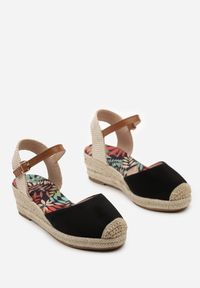 Born2be - Czarne Sandały na Plecionym Koturnie w Stylu Espadryli Clarinella. Kolor: czarny. Materiał: jeans. Sezon: lato. Obcas: na koturnie. Styl: elegancki