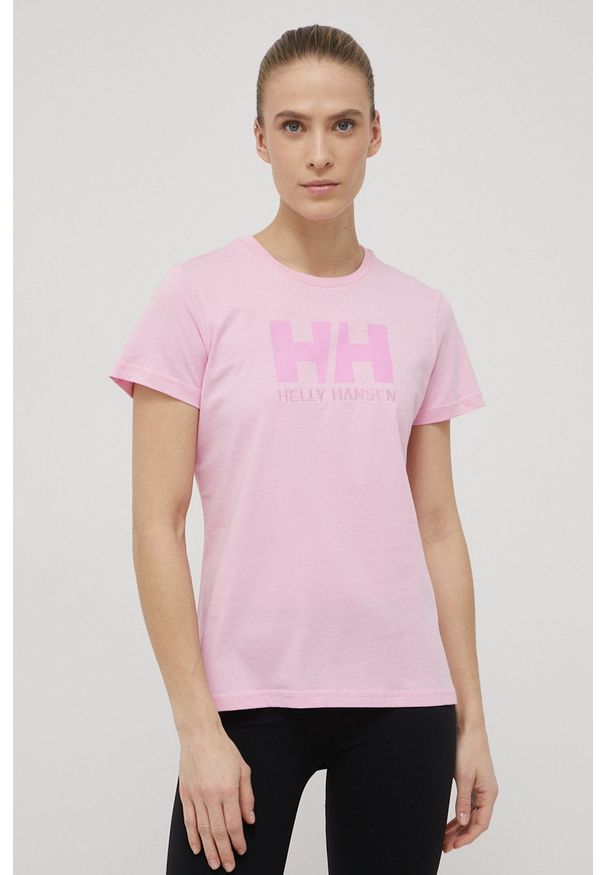 Helly Hansen t-shirt bawełniany kolor różowy. Okazja: na co dzień. Kolor: różowy. Materiał: bawełna. Wzór: nadruk. Styl: casual