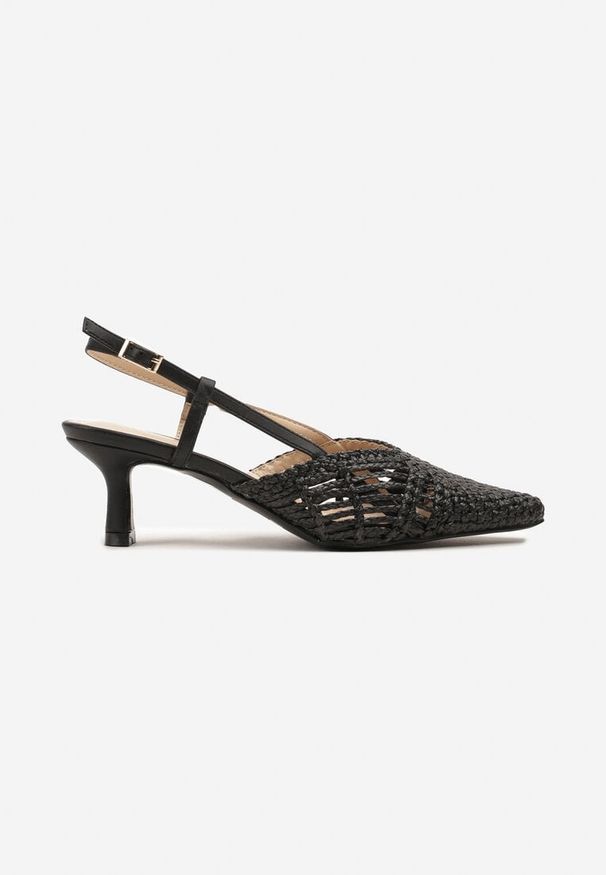 Renee - Czarne Plecione Sandały na Obcasie Kaczuszka Slingback Felorna. Kolor: czarny. Sezon: lato. Obcas: na obcasie. Wysokość obcasa: średni