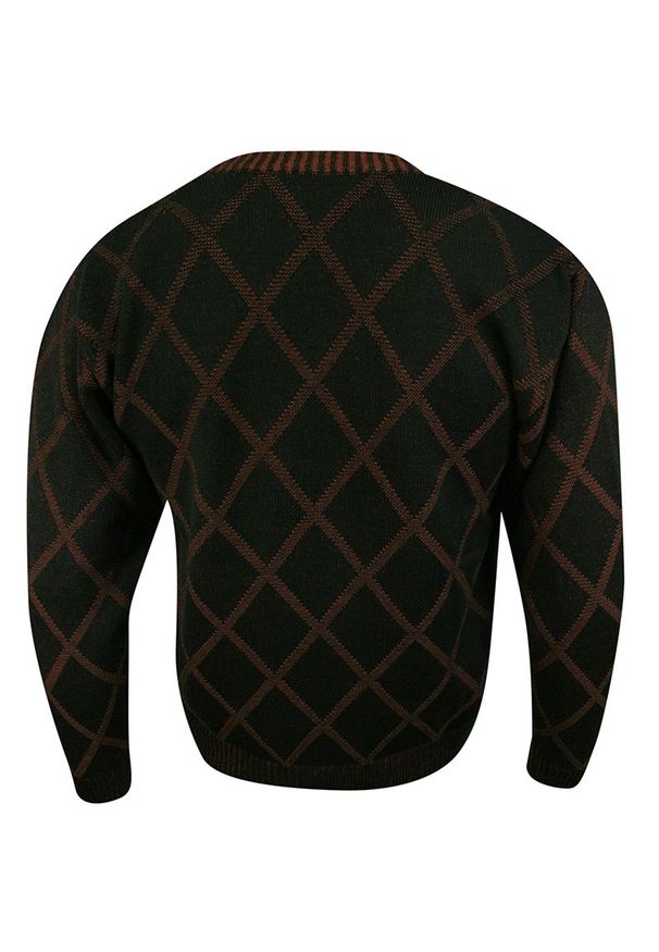 Kings - Sweter Męski, Czarno-Pomarańczowy w Romby w Serek -KINGS- Dekolt V-Neck, Tłoczony Wzór, Klasyczny. Okazja: na co dzień, na spotkanie biznesowe, do pracy. Typ kołnierza: dekolt w serek. Kolor: czarny, wielokolorowy, pomarańczowy. Materiał: akryl, bawełna. Styl: klasyczny