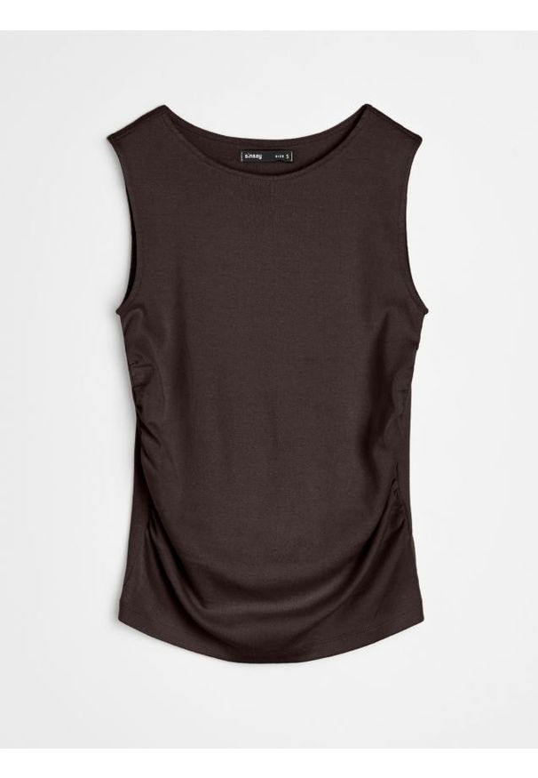 Sinsay - Bawełniana bluzka bez rękawów z ozdobnymi marszczeniami - brązowy. Kolor: brązowy. Materiał: bawełna. Długość rękawa: bez rękawów