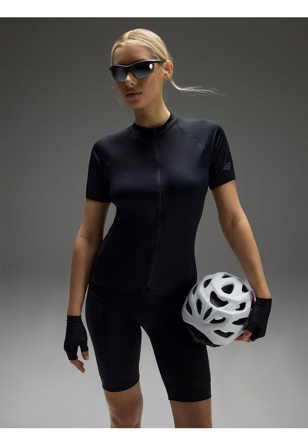 4f - 4F Legginsy kolarki rowerowe z żelową wkładką damskie - czarne L. Kolor: czarny. Materiał: dzianina, elastan, włókno, tkanina, syntetyk, materiał, poliester. Długość: krótkie. Wzór: gładki, ze splotem. Sport: kolarstwo