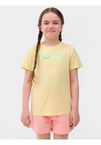 4f - T-shirt z nadrukiem dziewczęcy. Kolor: żółty. Materiał: bawełna. Wzór: nadruk