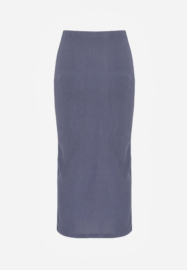 Renee - Niebieska Teksturowana Spódnica Ołówkowa z Rozcięciem z Boku Piremilia. Okazja: na spacer, na co dzień. Kolor: niebieski. Materiał: tkanina. Styl: elegancki, casual