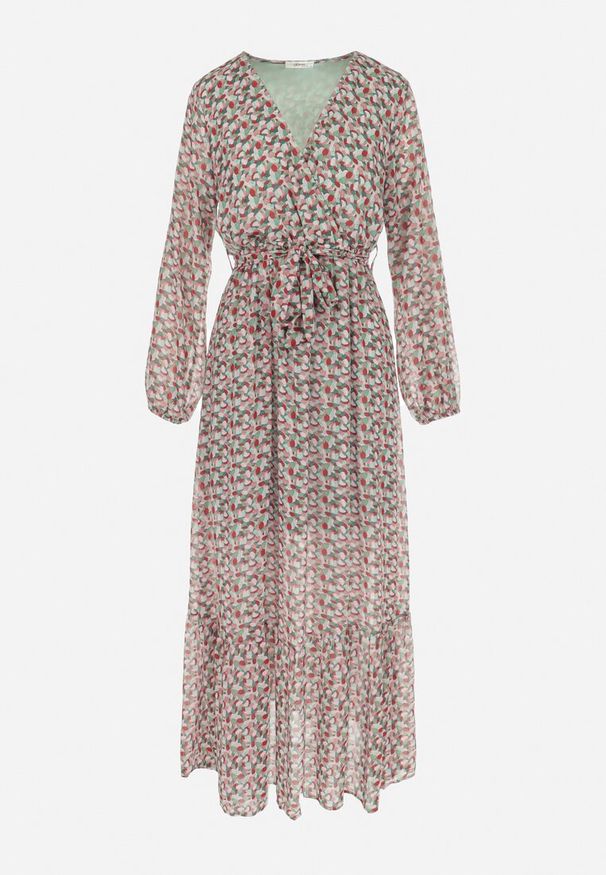 Born2be - Zielono-Czerwona Sukienka Kopertowa z Falbanką i Wiązanym Paskiem Luftare. Okazja: na co dzień. Typ kołnierza: dekolt w serek. Kolor: zielony. Długość rękawa: długi rękaw. Typ sukienki: kopertowe. Styl: casual, klasyczny