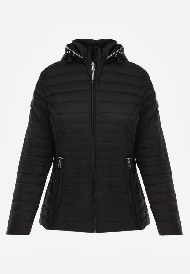 Born2be - Czarna Pikowana Kurtka Przejściowa z Kapturem z Lamówką i Ściągaczami Zidara. Okazja: na spacer. Typ kołnierza: kaptur. Kolor: czarny. Materiał: poliester, jeans, dresówka