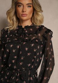 Renee - Czarna Rozkloszowana Sukienka w Kwiatowy Print z Wiązaniem w Talii i Pod Dekoltem Ronflara. Okazja: na co dzień. Kolor: czarny. Materiał: jeans, poliester. Wzór: kwiaty, nadruk. Typ sukienki: proste. Styl: klasyczny, casual, elegancki #4
