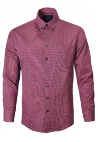 Delikatnie Taliowana Koszula Weekendowa - Pako Jeans - Malinowa, Drobny Wzór. Okazja: na co dzień. Kolor: czerwony. Materiał: bawełna. Styl: casual
