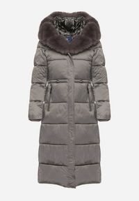 Born2be - Szara Długa Kurtka Puchowa z Pikowanymi Przeszyciami i Kapturem z Futrem Zevea. Okazja: na co dzień, na spacer. Kolor: szary. Materiał: puch, futro. Długość: długie. Styl: casual, elegancki #4