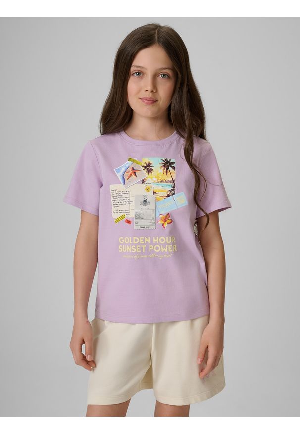 4f - 4F T-shirt regular z nadrukiem dziewczęcy - fioletowy 164 (13-14 lat). Okazja: na co dzień. Kolor: fioletowy. Materiał: materiał, bawełna, dzianina. Wzór: nadruk. Sezon: lato. Styl: klasyczny, casual