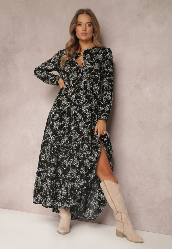 Renee - Czarna Sukienka Doriphe. Okazja: na co dzień. Kolor: czarny. Długość rękawa: długi rękaw. Wzór: kwiaty. Styl: casual, elegancki. Długość: midi