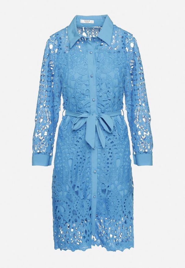 Born2be - Niebieska Ażurowa Sukienka Koszulowa Mini z Wiązanym Paskiem Jolira. Kolor: niebieski. Materiał: materiał, tkanina. Wzór: ażurowy. Typ sukienki: koszulowe. Długość: mini